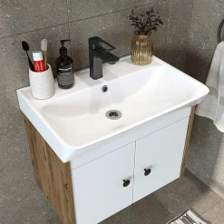 Meuble vasque suspendu 60 cm décor pin et blanc 2 portes JUSA