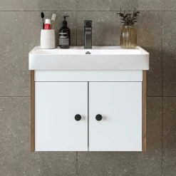 Meuble vasque suspendu 60 cm décor pin et blanc 2 portes JUSA