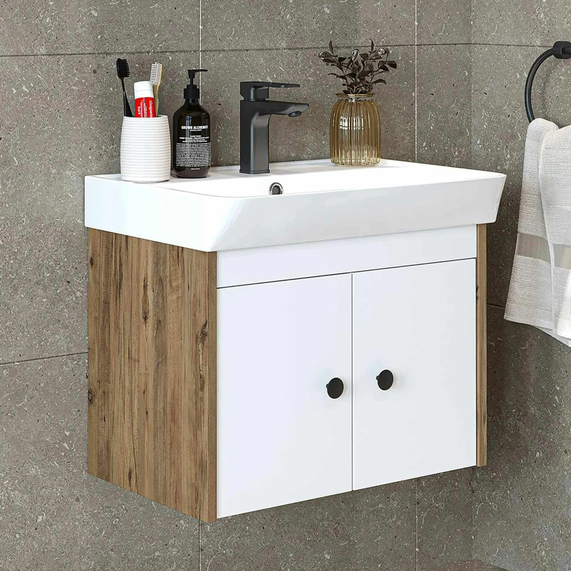 Meuble vasque suspendu 60 cm décor pin et blanc 2 portes JUSA