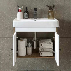 Meuble vasque suspendu 60 cm décor pin et blanc 2 portes JUSA