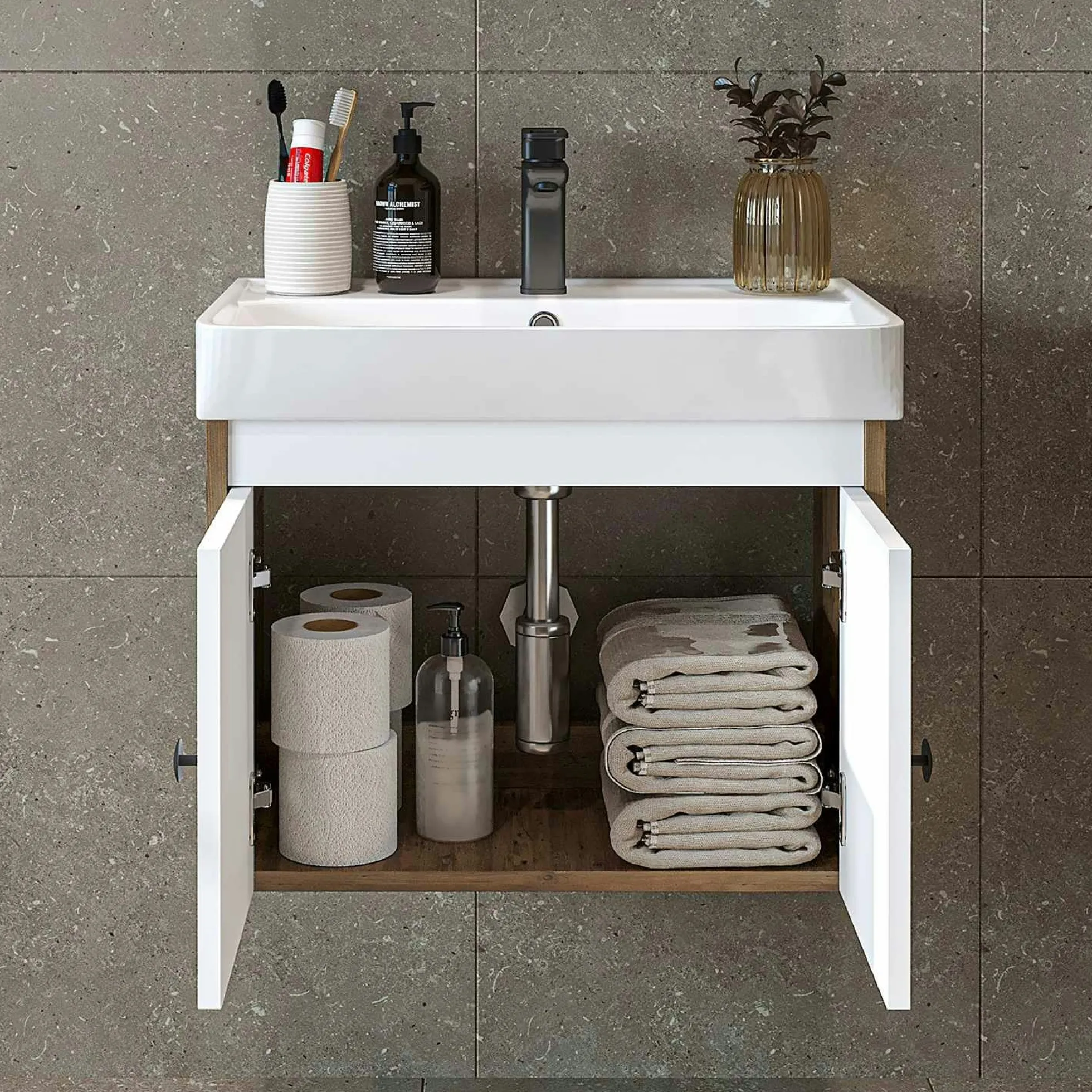 Meuble vasque suspendu 60 cm décor pin et blanc 2 portes JUSA