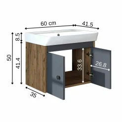 Meuble vasque suspendu 60 cm décor pin et gris 2 portes JUSA
