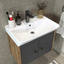 Meuble vasque suspendu 60 cm décor pin et gris 2 portes JUSA