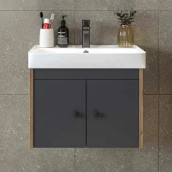 Meuble vasque suspendu 60 cm décor pin et gris 2 portes JUSA