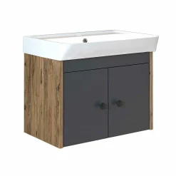 Meuble vasque suspendu 60 cm décor pin et gris 2 portes JUSA