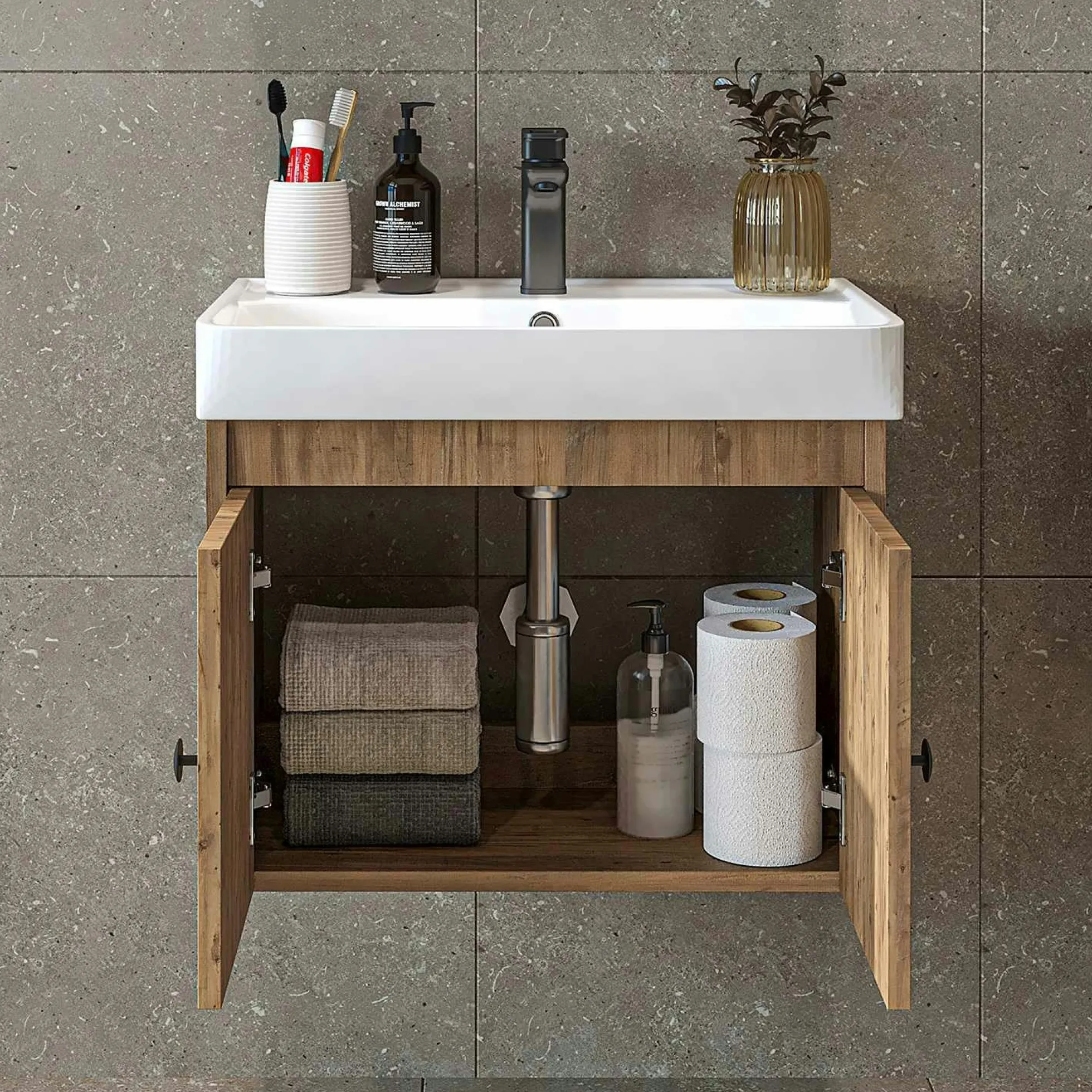 Meuble vasque suspendu 60 cm décor pin 2 portes JUSA