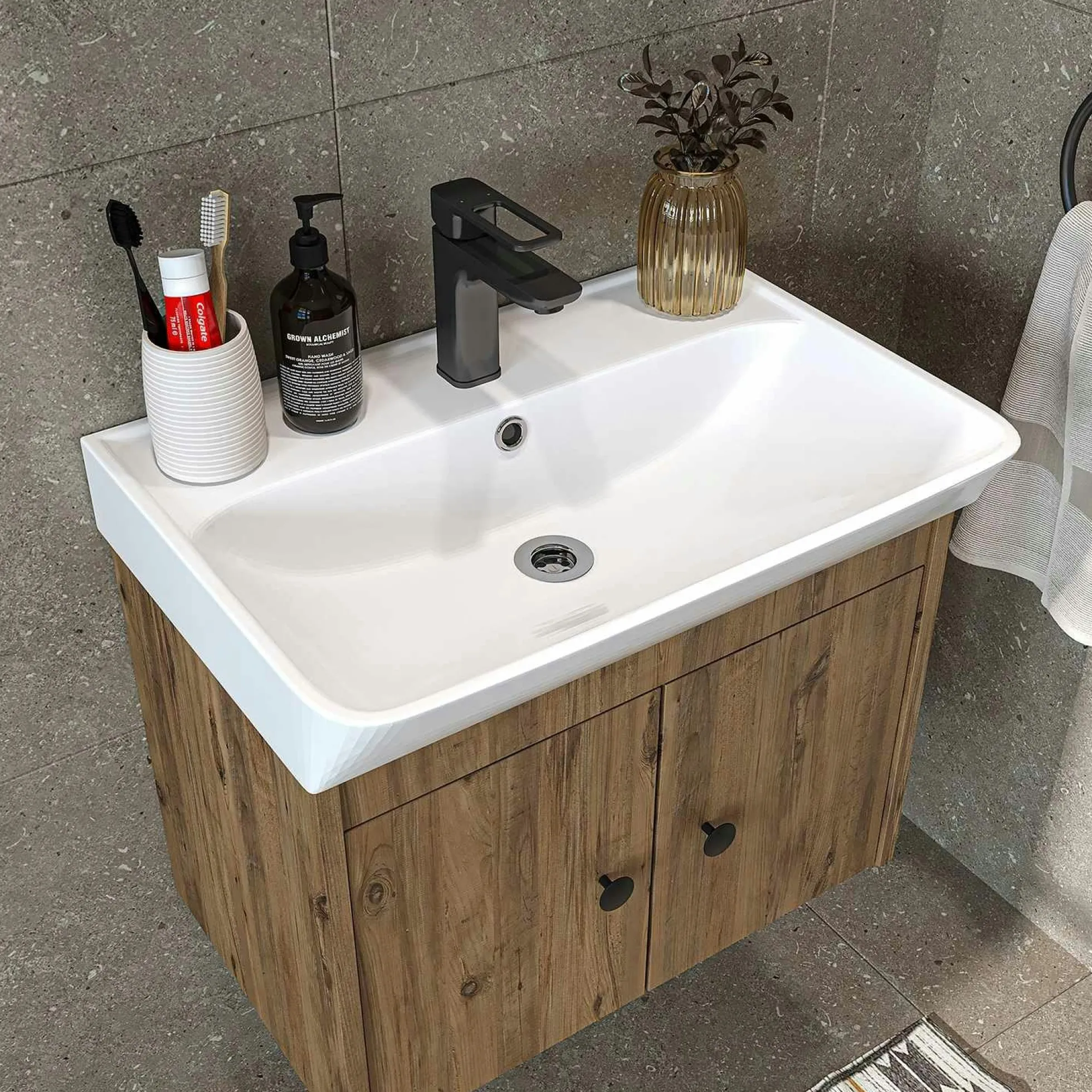 Meuble vasque suspendu 60 cm décor pin 2 portes JUSA