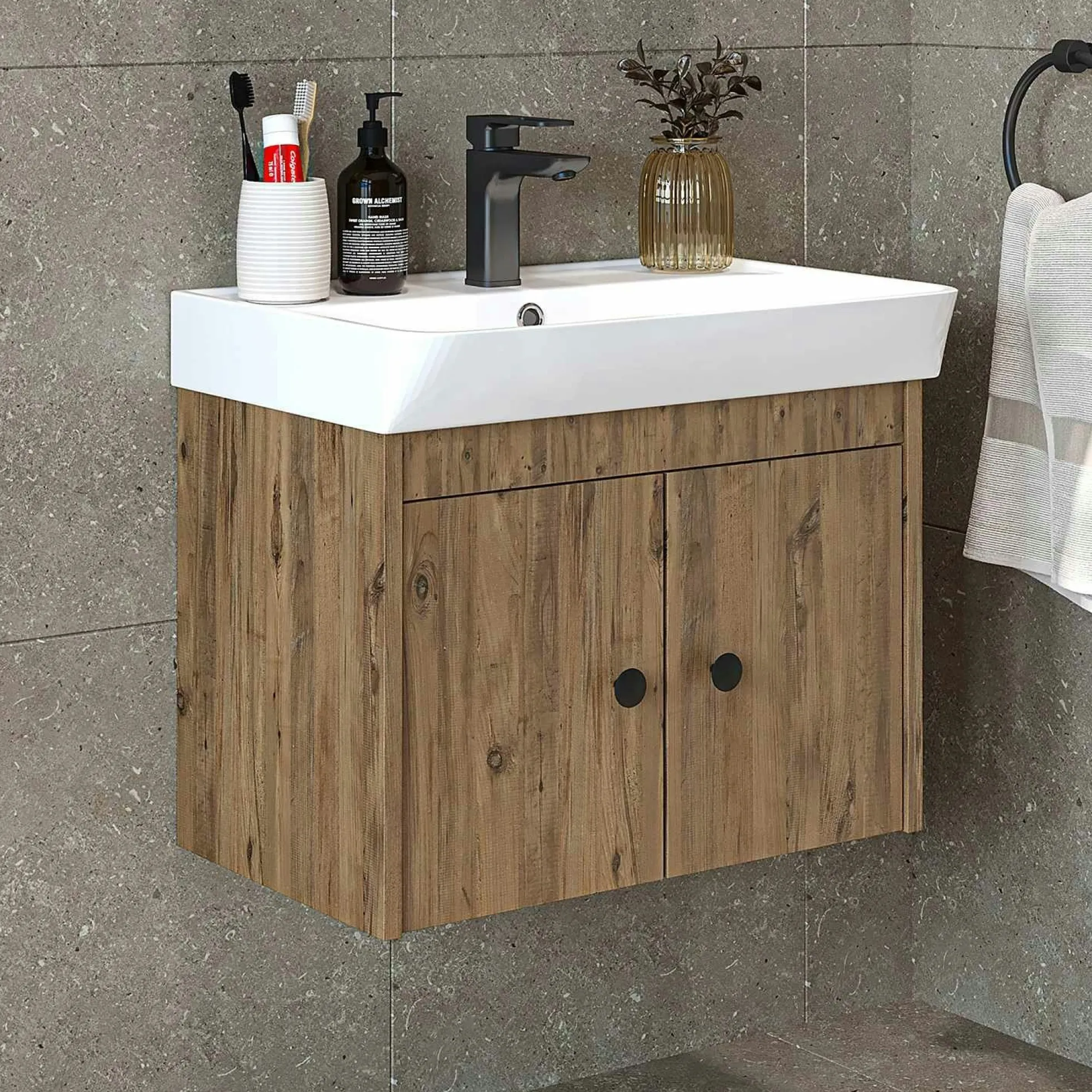 Meuble vasque suspendu 60 cm décor pin 2 portes JUSA