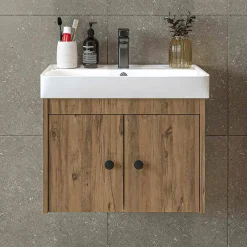 Meuble vasque suspendu 60 cm décor pin 2 portes JUSA