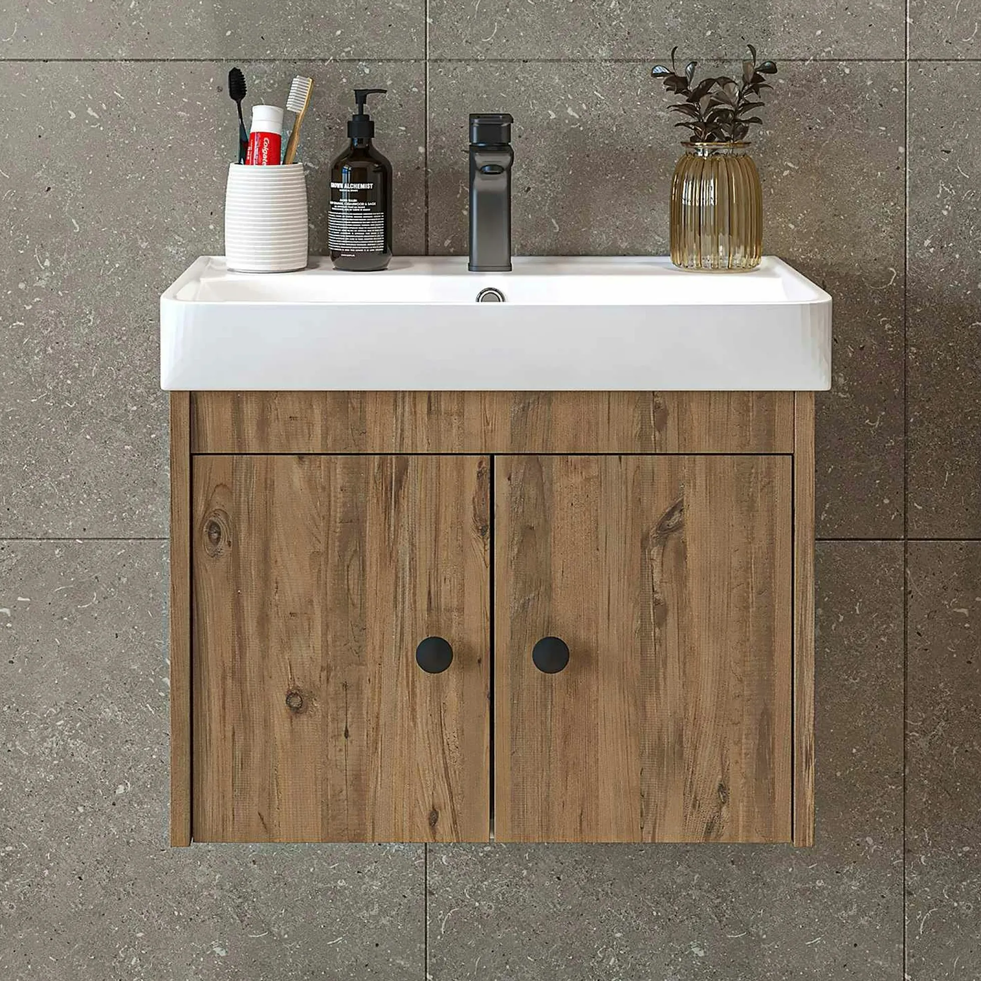 Meuble vasque suspendu 60 cm décor pin 2 portes JUSA