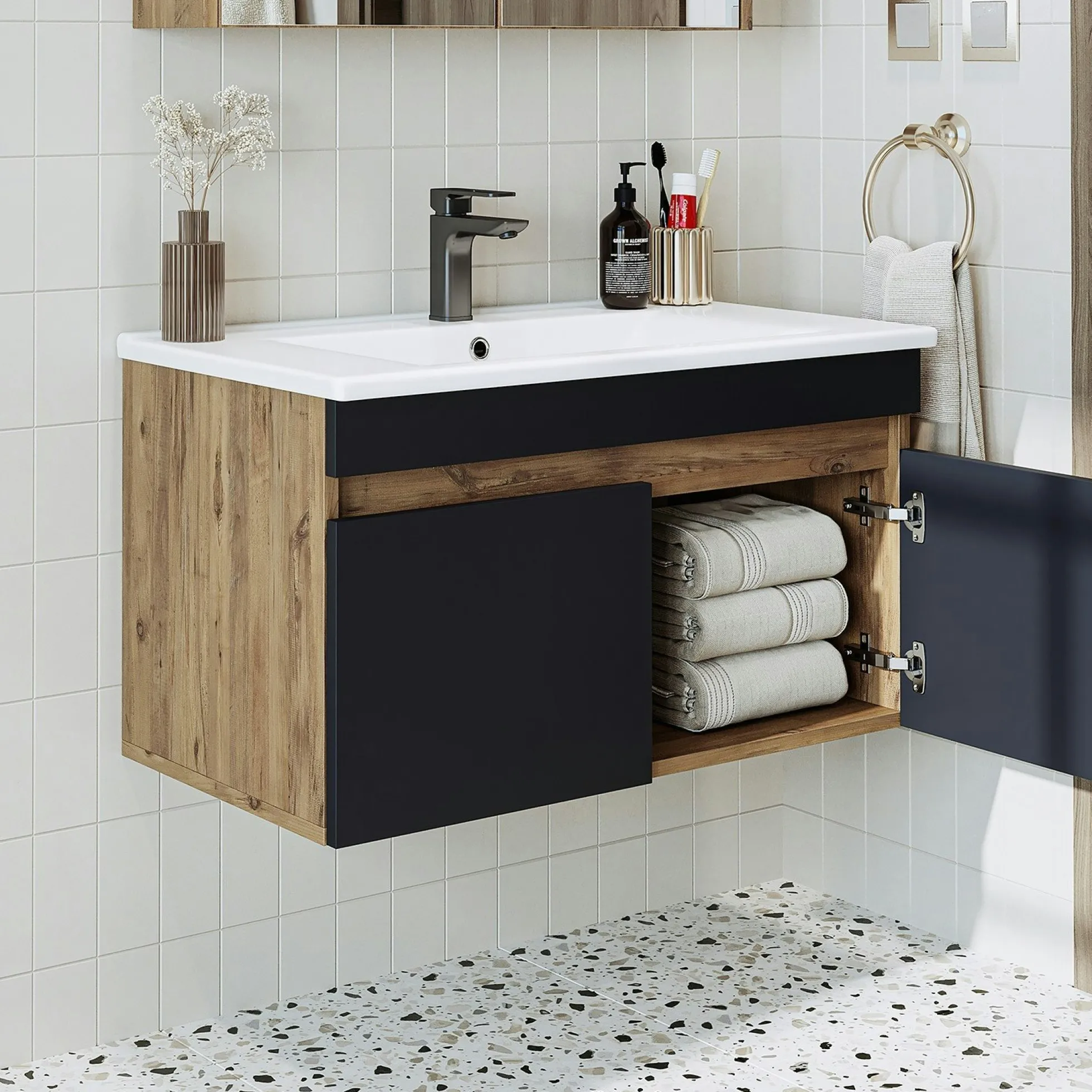Meuble vasque suspendu 85 cm décor pin et gris 2 portes LAAN