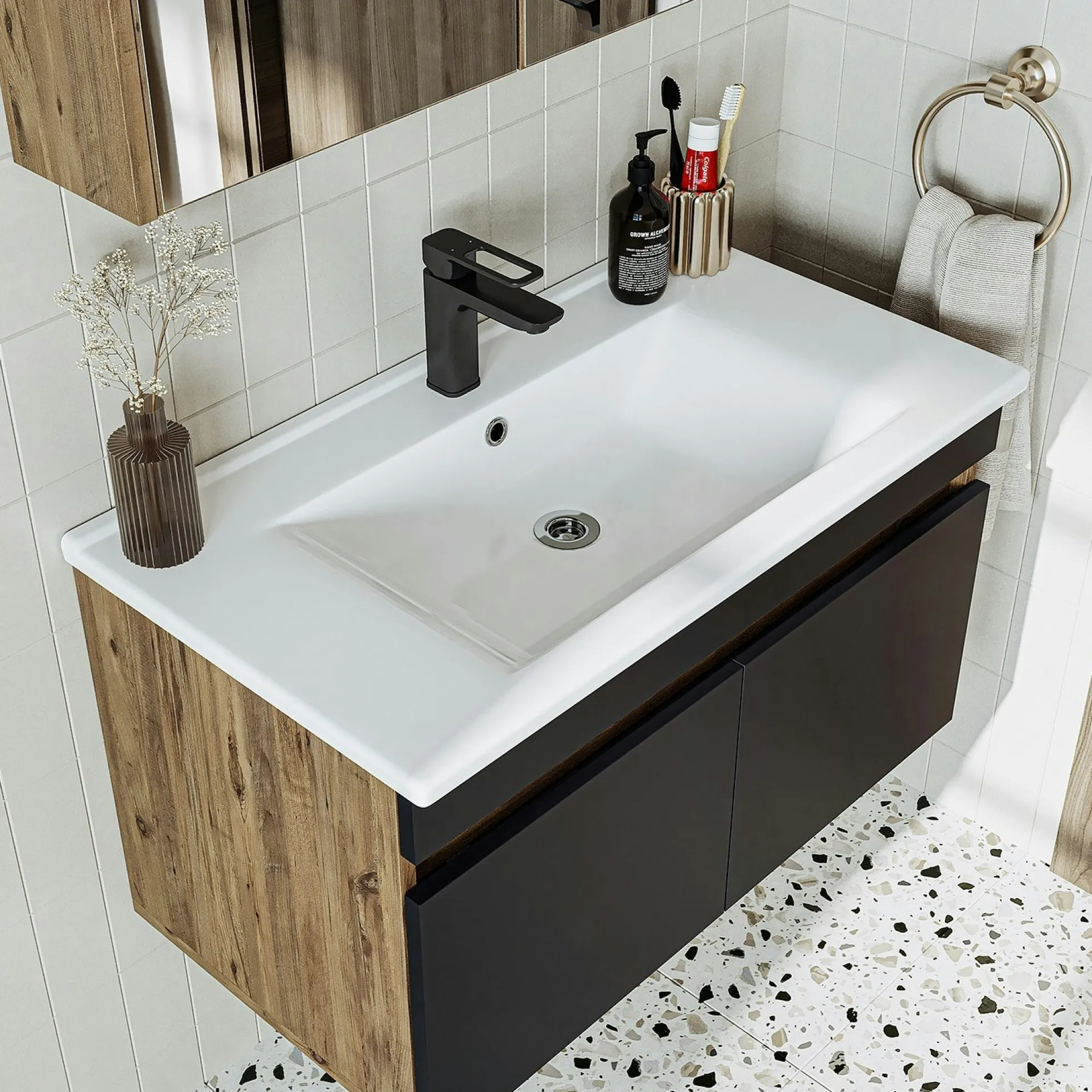 Meuble vasque suspendu 85 cm décor pin et gris 2 portes LAAN