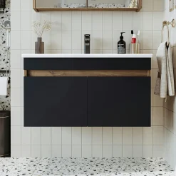 Meuble vasque suspendu 85 cm décor pin et gris 2 portes LAAN