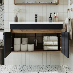 Meuble vasque suspendu 85 cm décor pin et gris 2 portes LAAN
