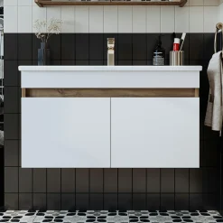 Meuble vasque suspendu 85 cm décor pin et blanc 2 portes LAAN