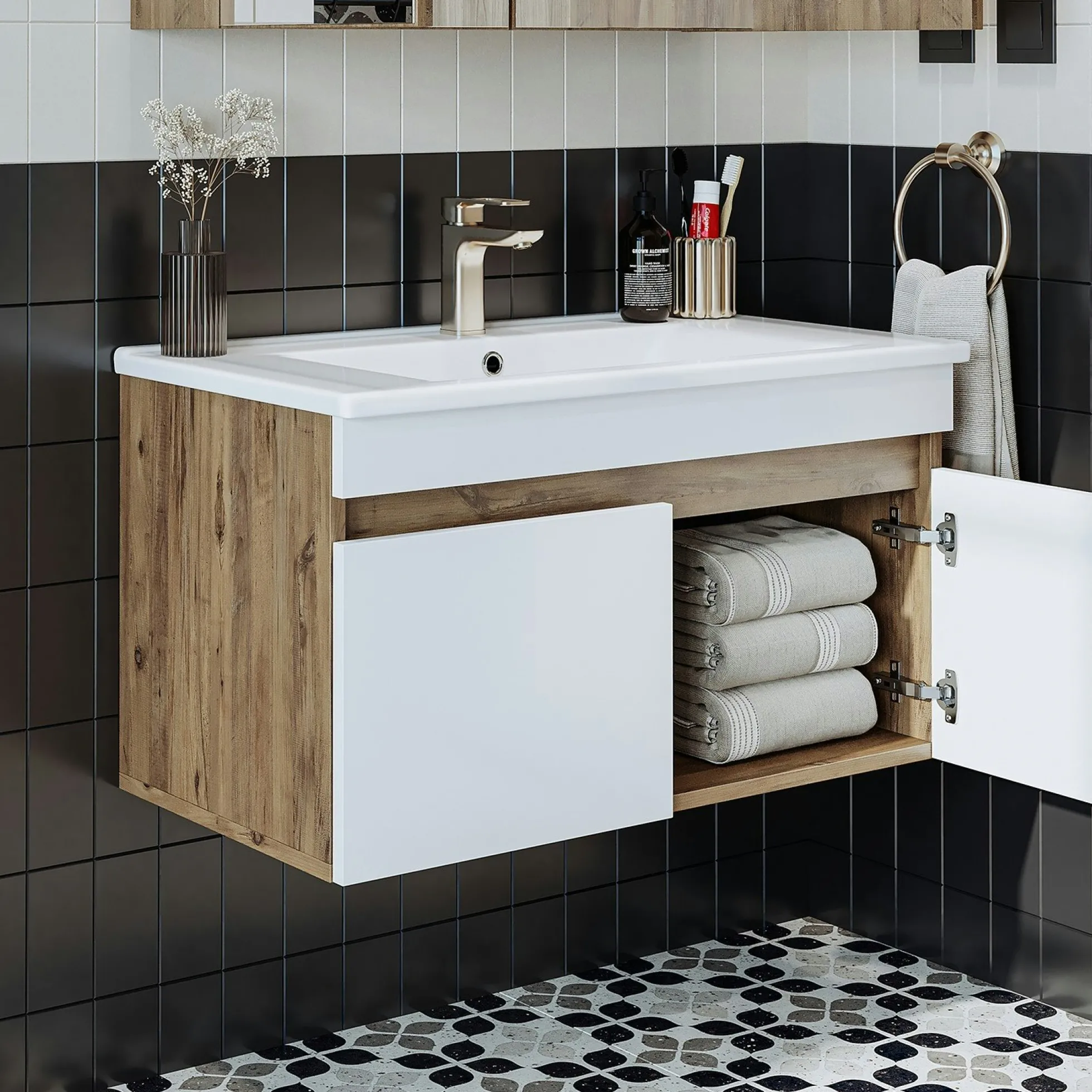 Meuble vasque suspendu 85 cm décor pin et blanc 2 portes LAAN