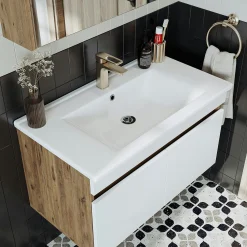 Meuble vasque suspendu 85 cm décor pin et blanc 2 portes LAAN