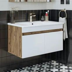 Meuble vasque suspendu 85 cm décor pin et blanc 2 portes LAAN