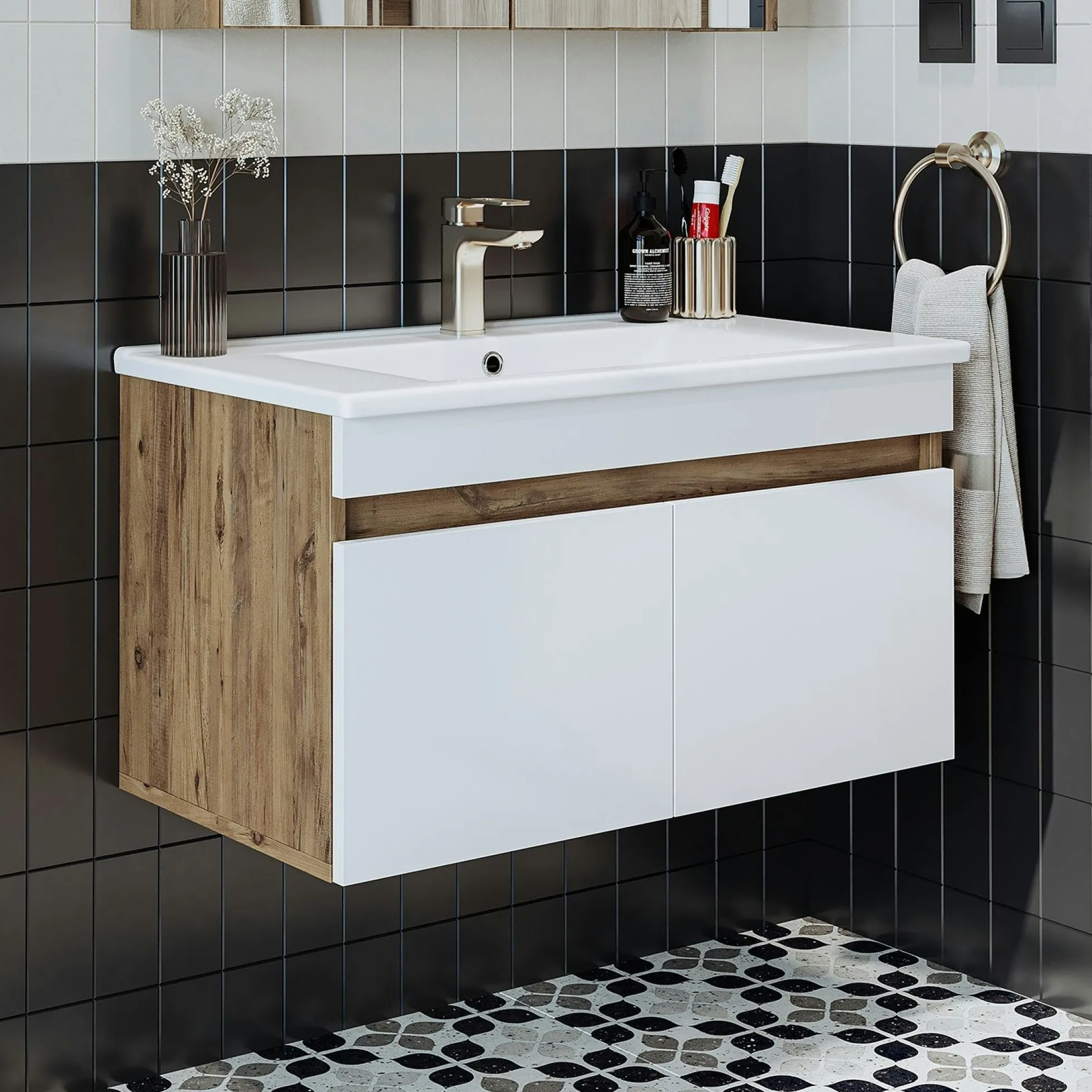 Meuble vasque suspendu 85 cm décor pin et blanc 2 portes LAAN