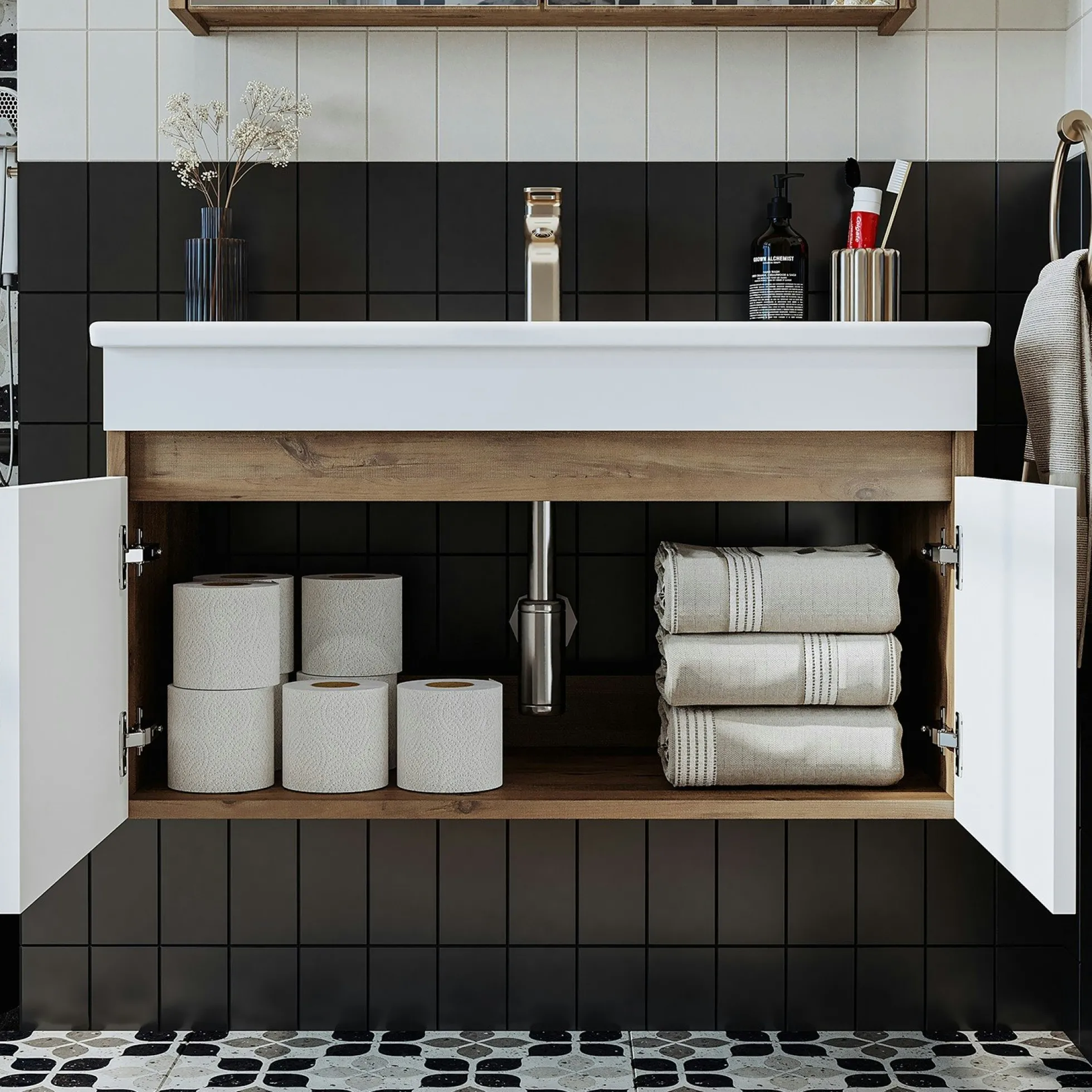 Meuble vasque suspendu 85 cm décor pin et blanc 2 portes LAAN