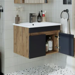 Meuble vasque suspendu 65 cm décor pin et gris 2 portes LAO