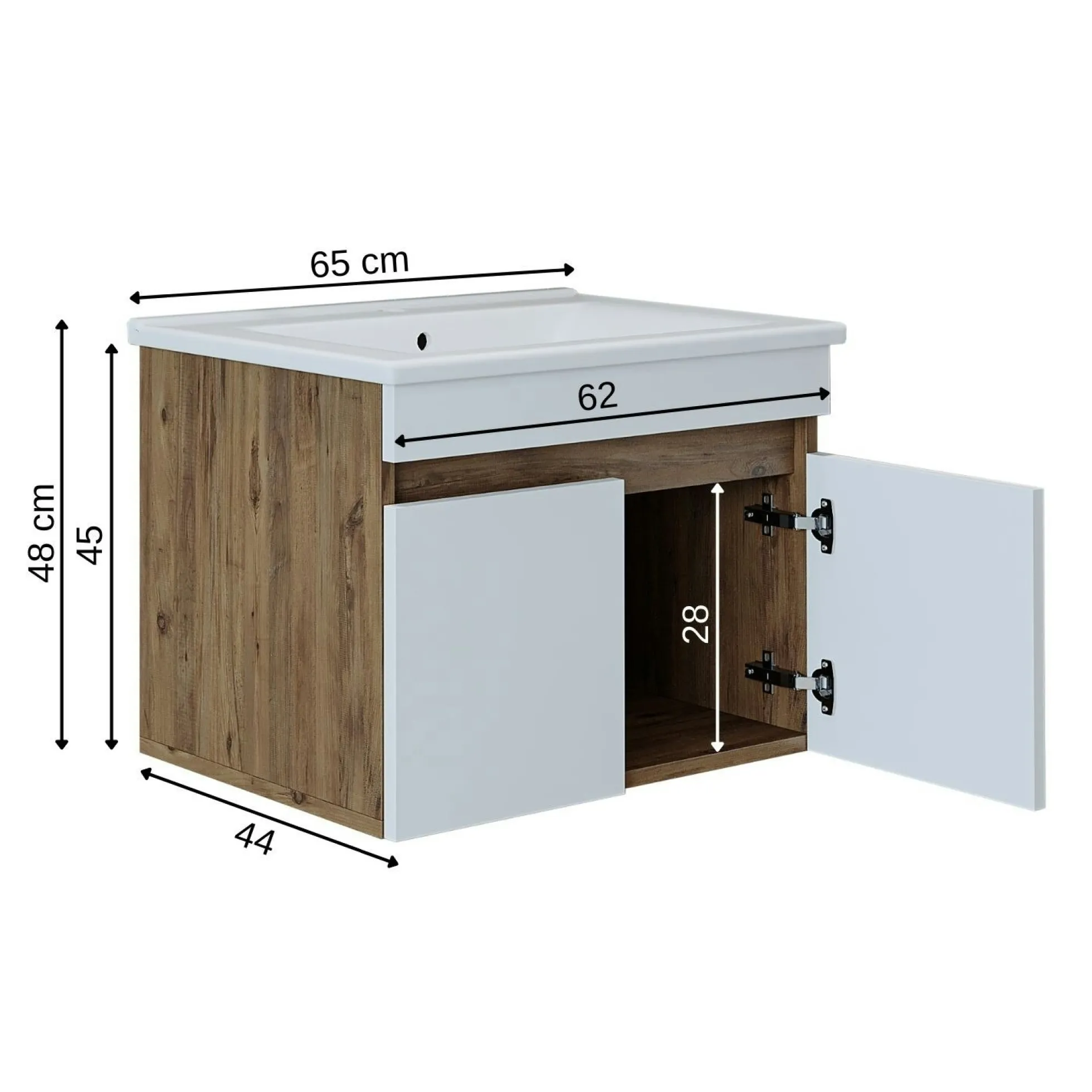 Meuble vasque suspendu 65 cm décor pin et blanc 2 portes LAO