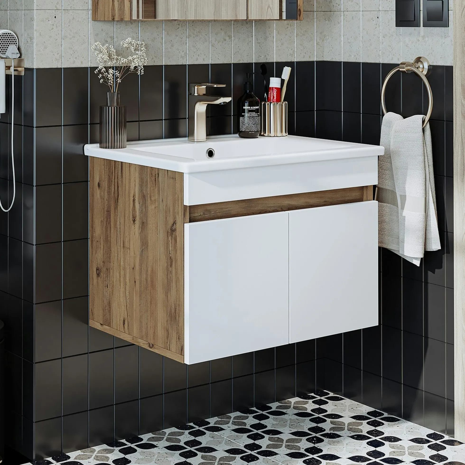 Meuble vasque suspendu 65 cm décor pin et blanc 2 portes LAO