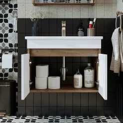 Meuble vasque suspendu 65 cm décor pin et blanc 2 portes LAO