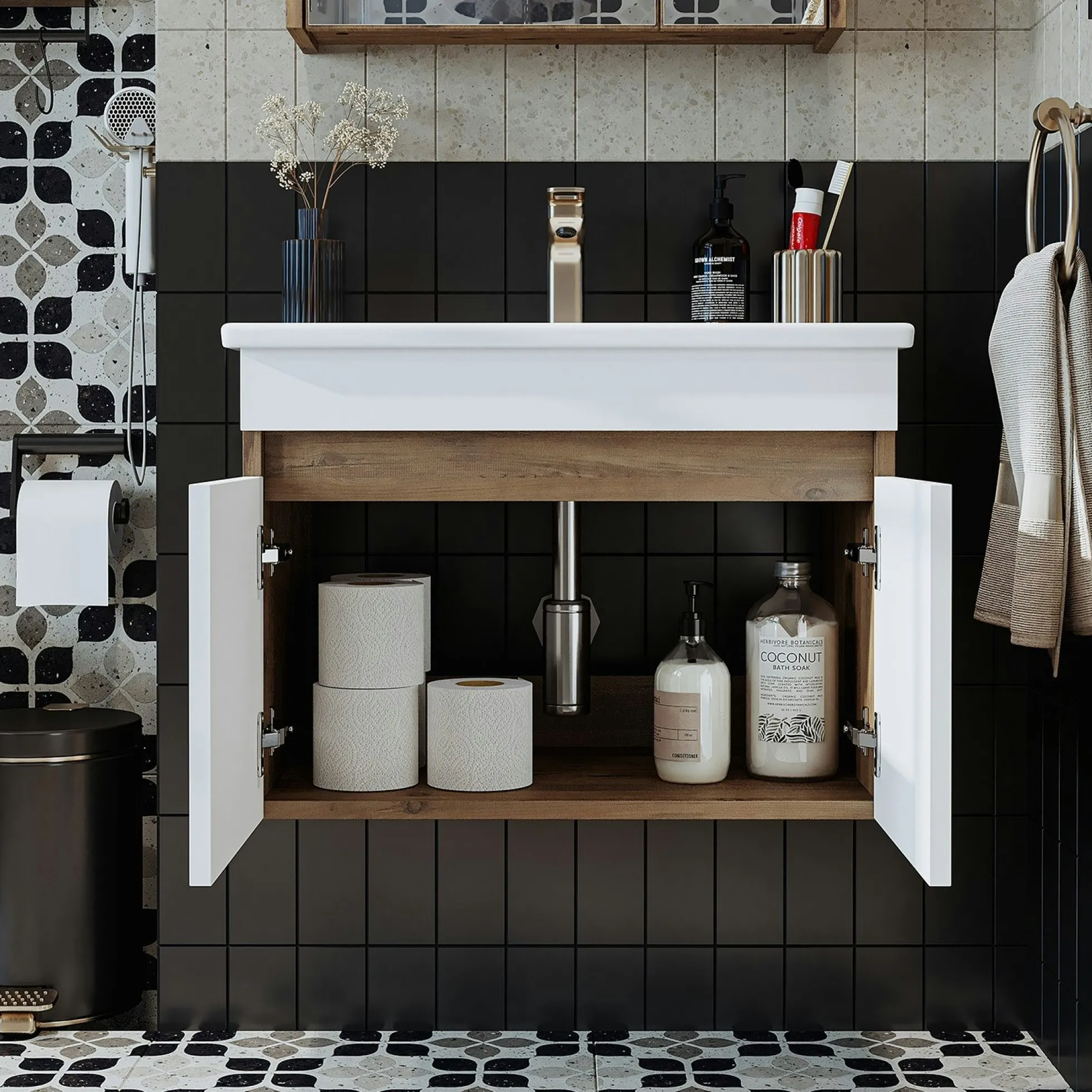 Meuble vasque suspendu 65 cm décor pin et blanc 2 portes LAO