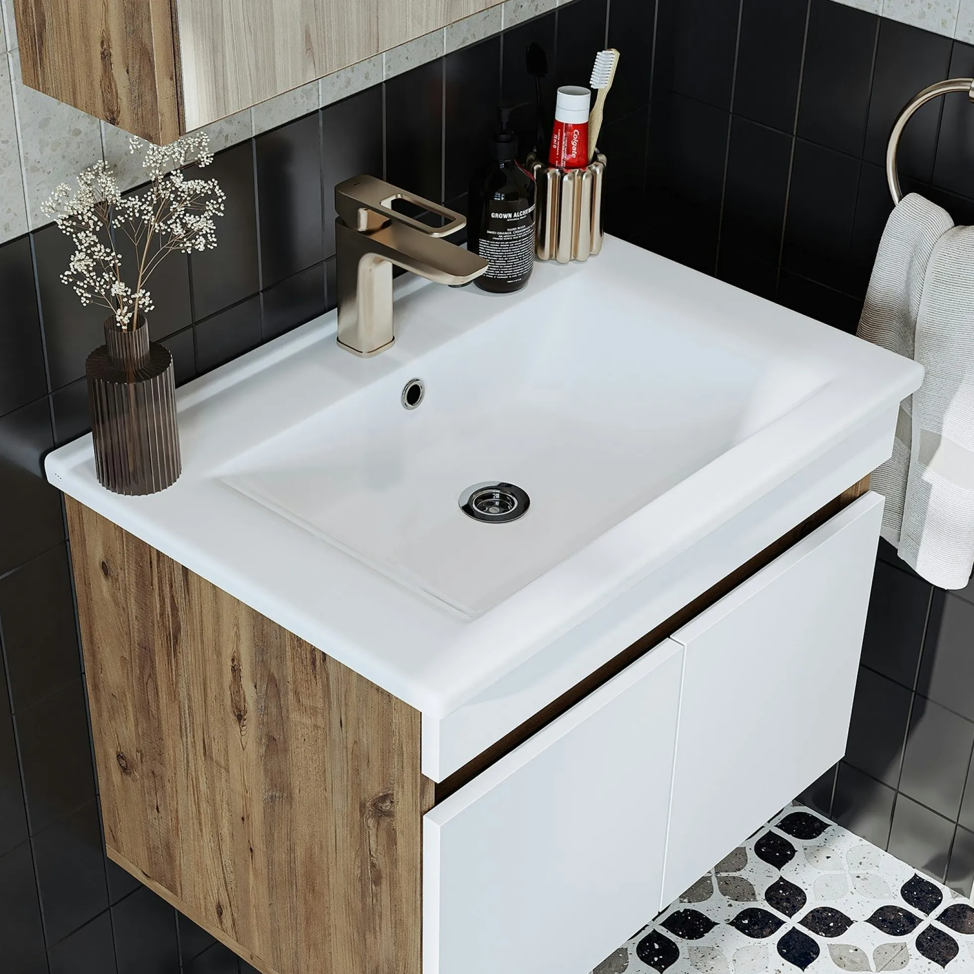 Meuble vasque suspendu 65 cm décor pin et blanc 2 portes LAO