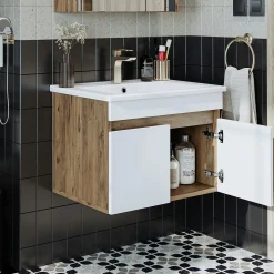 Meuble vasque suspendu 65 cm décor pin et blanc 2 portes LAO