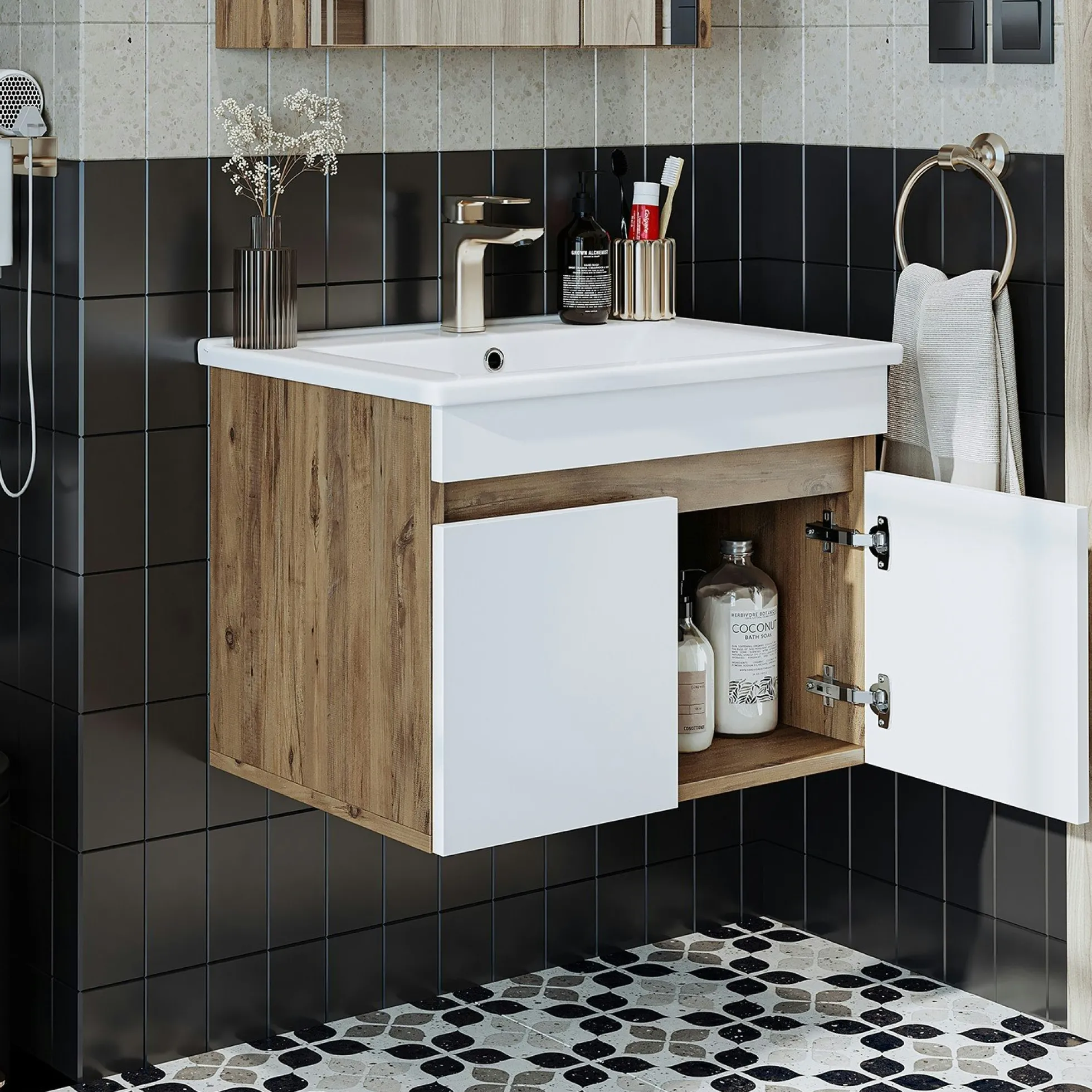 Meuble vasque suspendu 65 cm décor pin et blanc 2 portes LAO