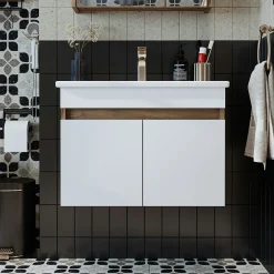 Meuble vasque suspendu 65 cm décor pin et blanc 2 portes LAO