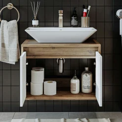 Meuble vasque suspendu 65 cm décor pin et blanc 2 portes MARN