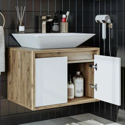 Meuble vasque suspendu 65 cm décor pin et blanc 2 portes MARN