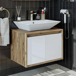 Meuble vasque suspendu 65 cm décor pin et blanc 2 portes MARN