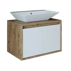 Meuble vasque suspendu 65 cm décor pin et blanc 2 portes MARN