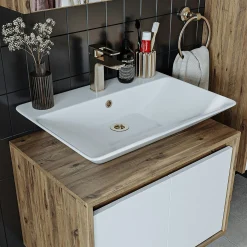 Meuble vasque suspendu 65 cm décor pin et blanc 2 portes MARN