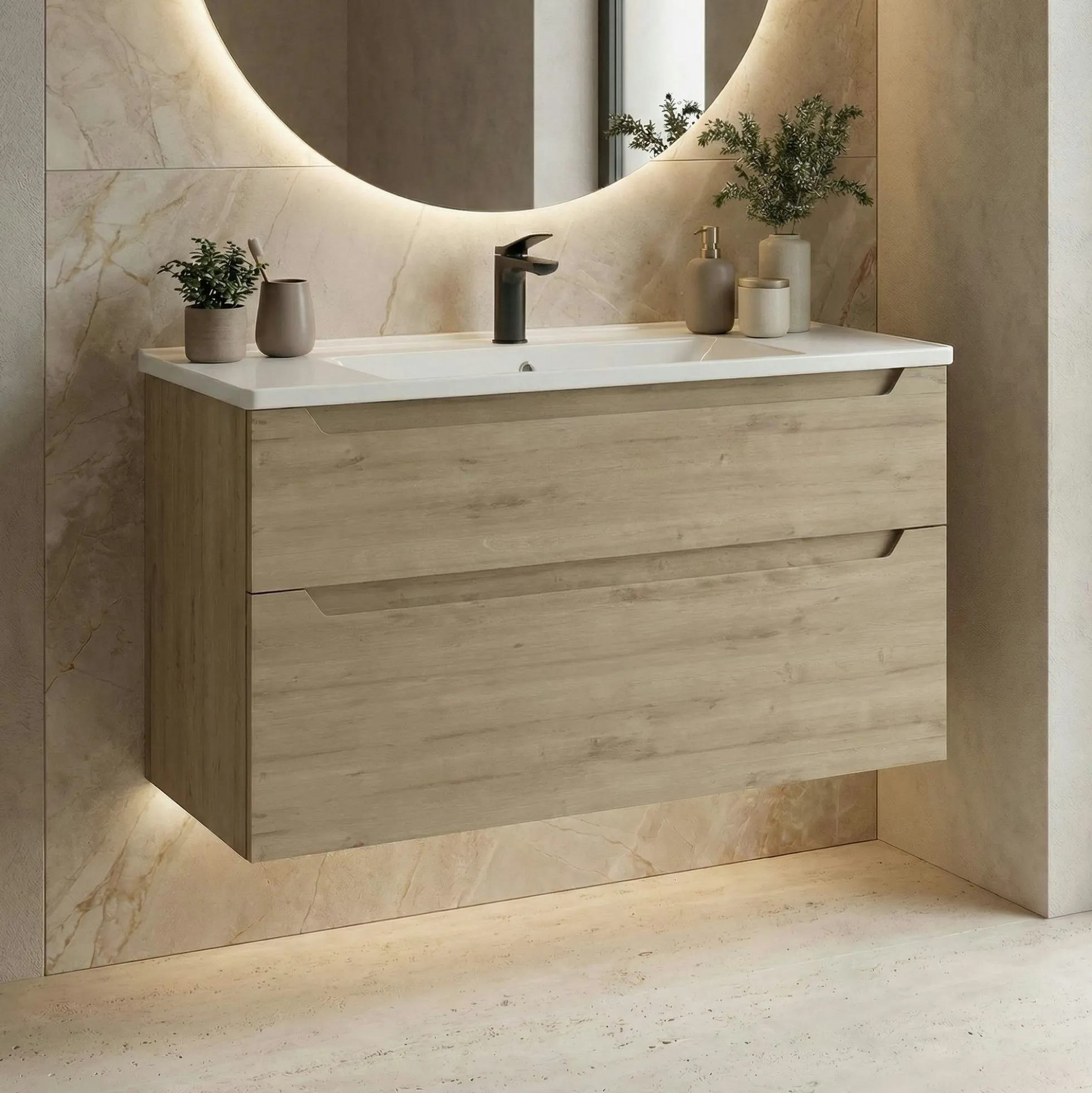 Meuble vasque suspendu 100 cm décor chêne 2 tiroirs ELYO