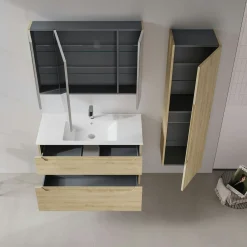 Meuble vasque suspendu 100 cm décor chêne 2 tiroirs ELYO
