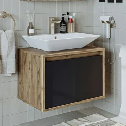 Meuble vasque suspendu 65 cm décor pin et gris 2 portes MARN