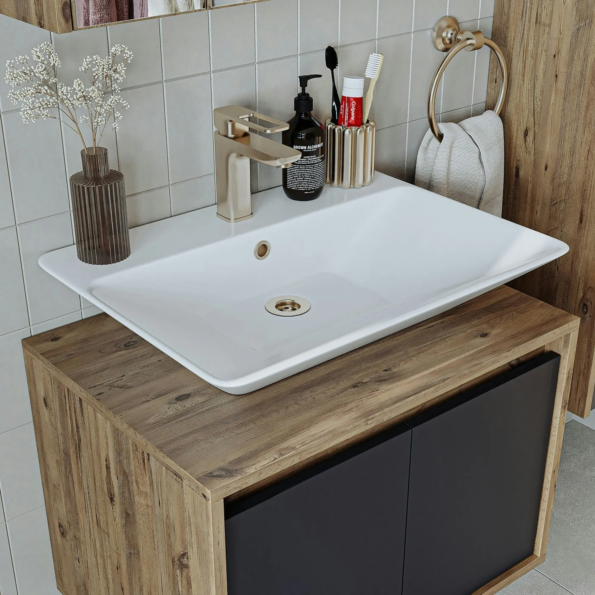 Meuble vasque suspendu 65 cm décor pin et gris 2 portes MARN