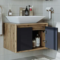 Meuble vasque suspendu 65 cm décor pin et gris 2 portes MARN