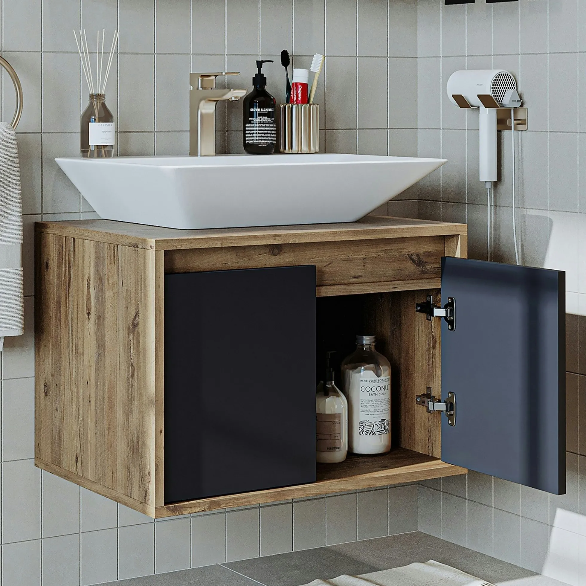 Meuble vasque suspendu 65 cm décor pin et gris 2 portes MARN