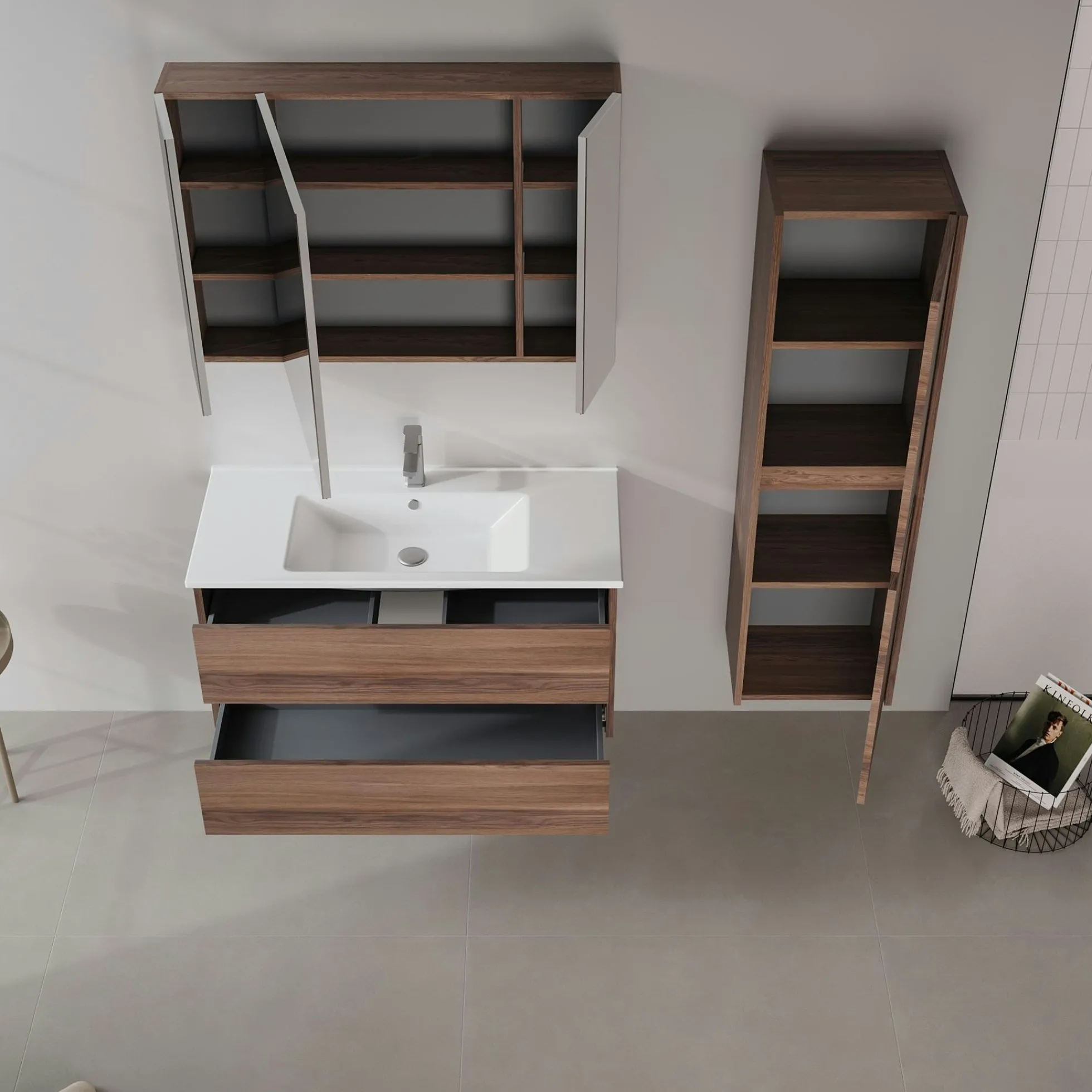 Meuble vasque suspendu 100 cm décor bois foncé 2 tiroirs MOANA