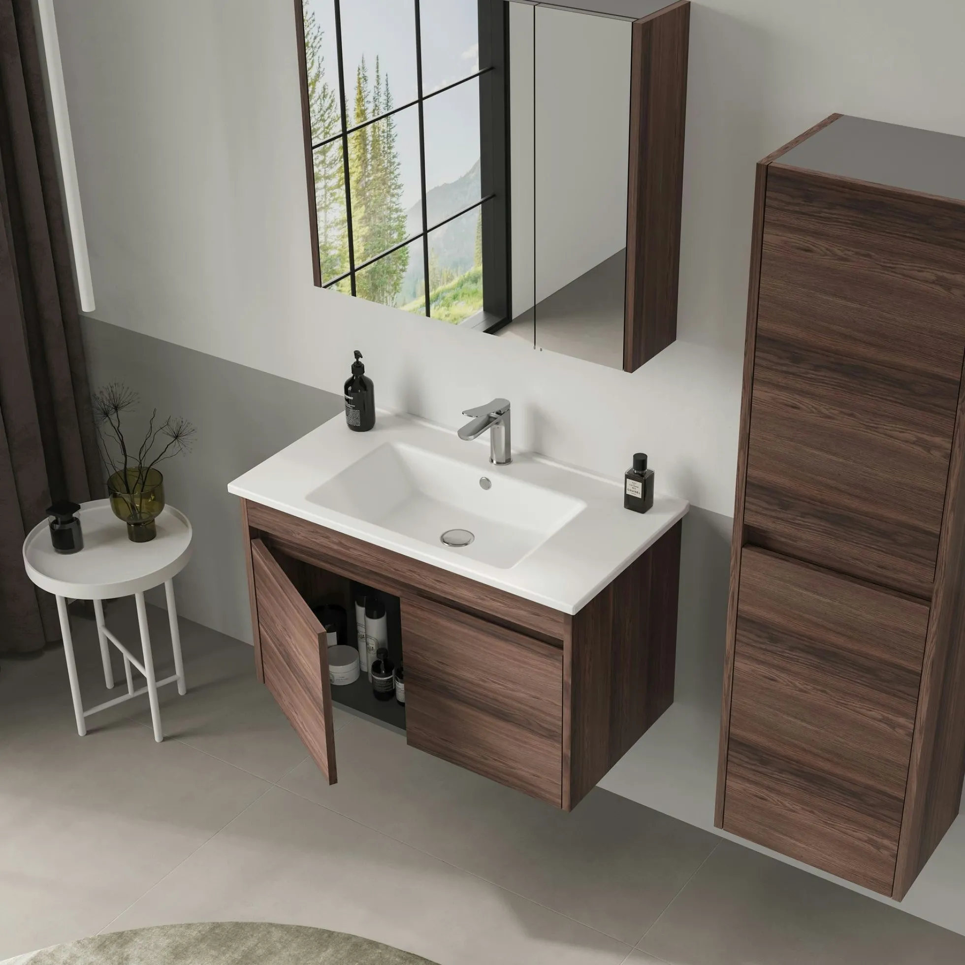 Meuble vasque suspendu 85 cm décor bois foncé 2 portes MOANA