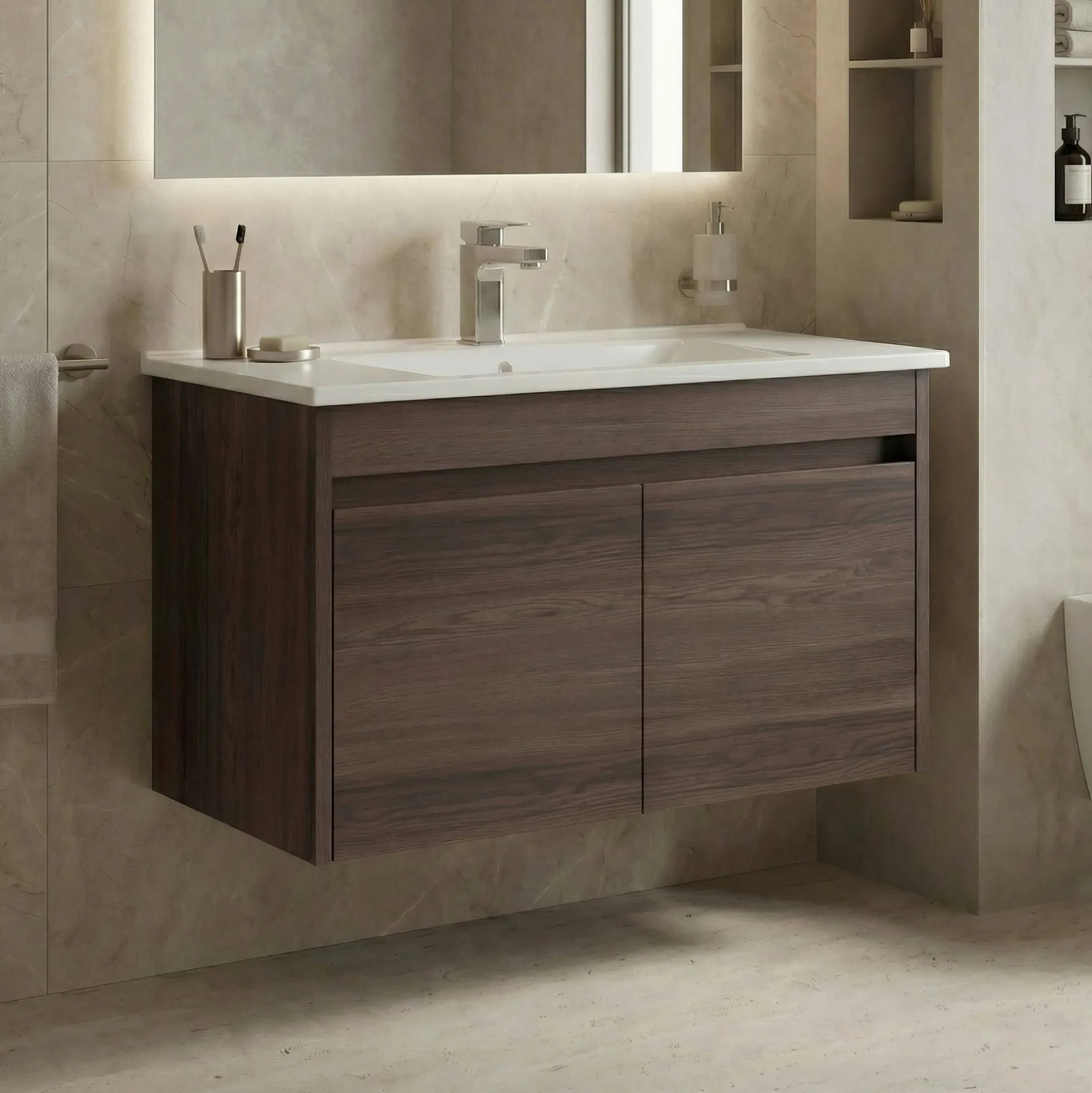 Meuble vasque suspendu 85 cm décor bois foncé 2 portes MOANA