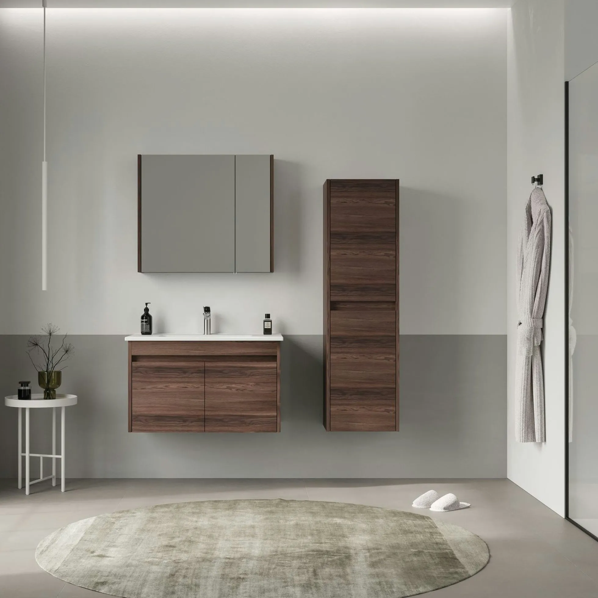 Meuble vasque suspendu 85 cm décor bois foncé 2 portes MOANA