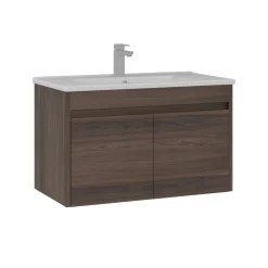 Meuble vasque suspendu 85 cm décor bois foncé 2 portes MOANA