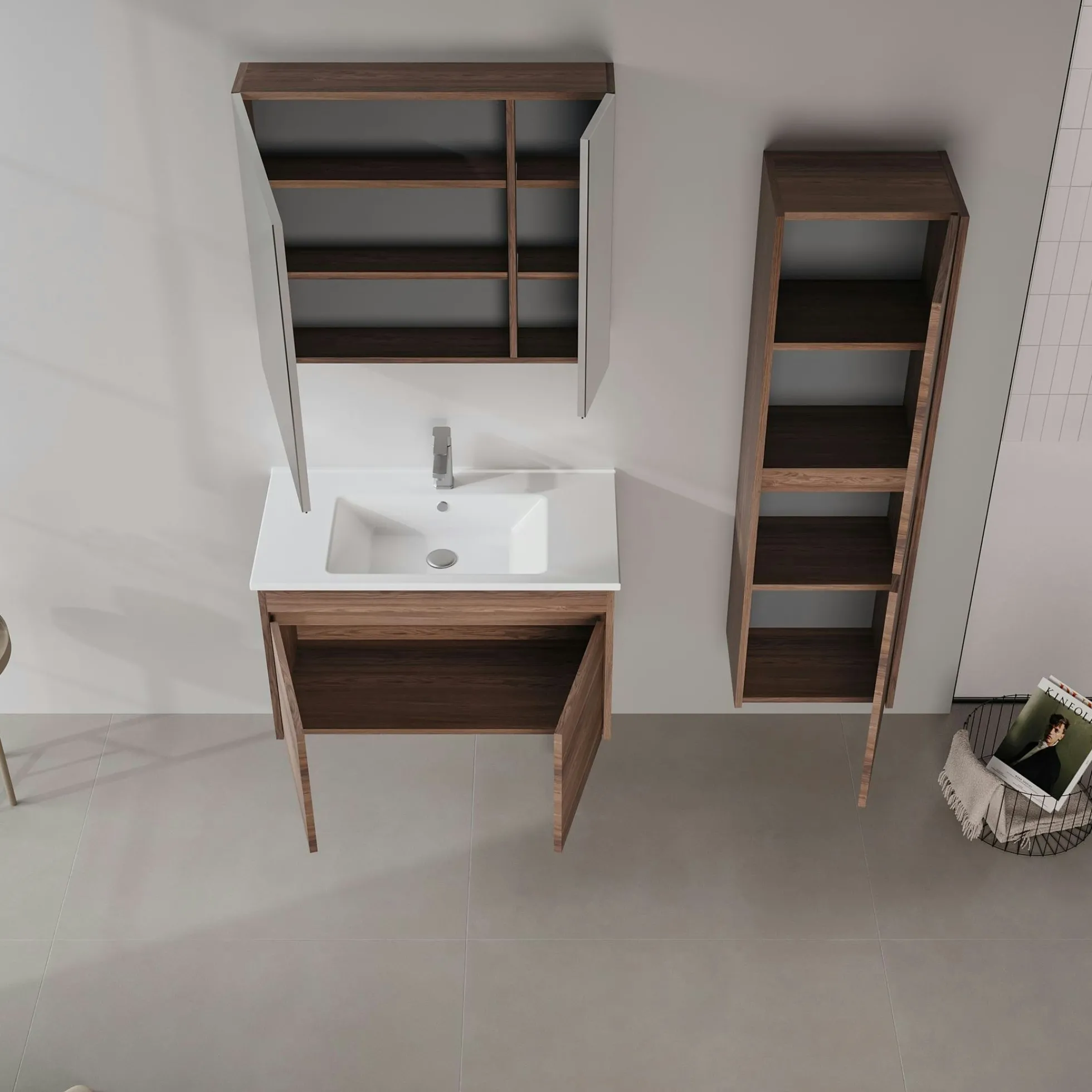 Meuble vasque suspendu 85 cm décor bois foncé 2 portes MOANA